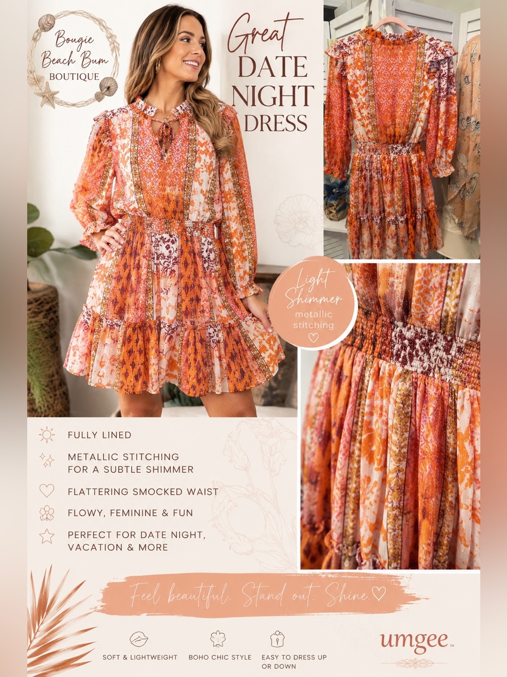 Umgee Orange Floral Metallic-Thread Smocked-Waist Mini Dress